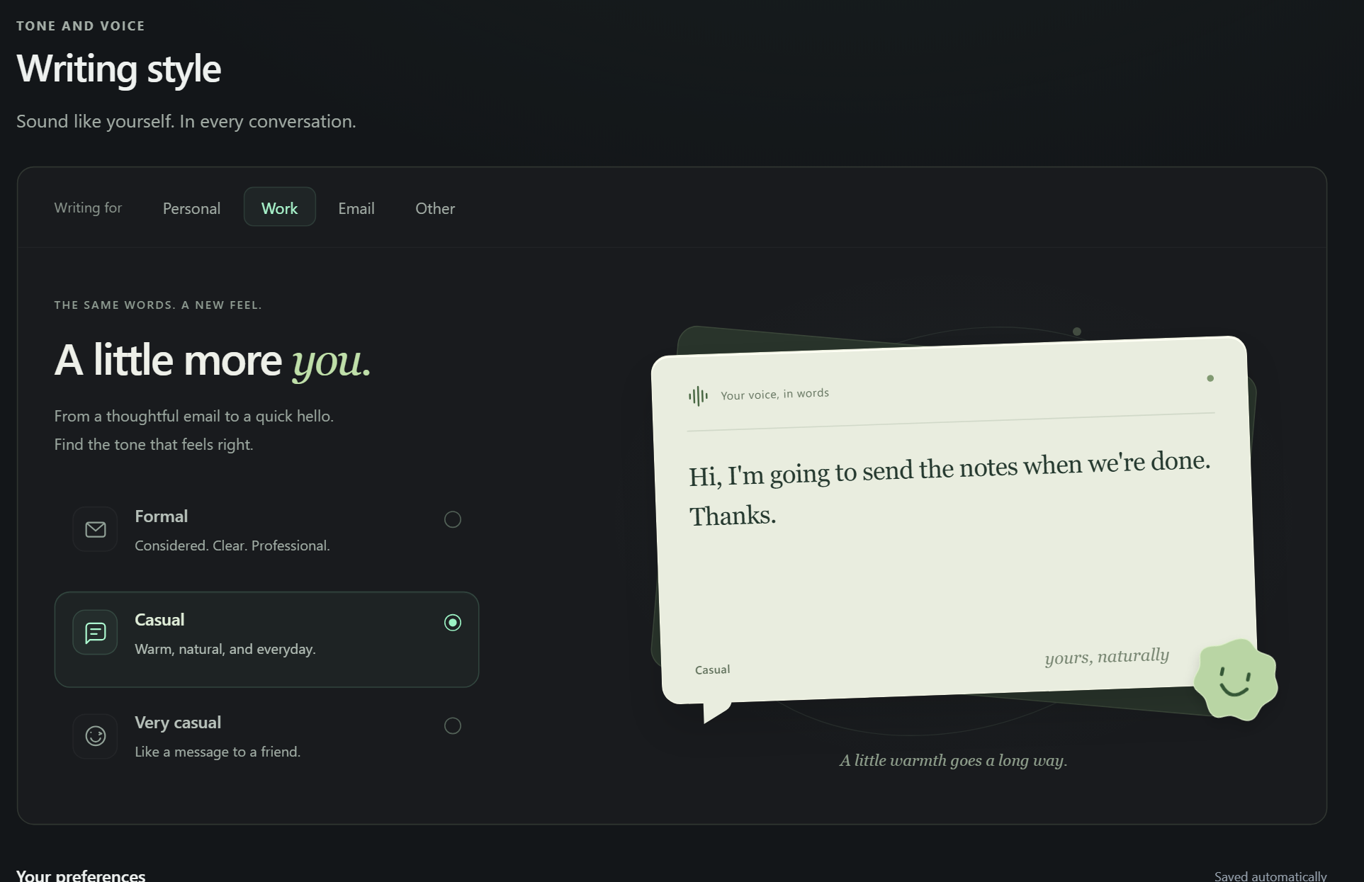 The Voxden writing style page with a tone selected